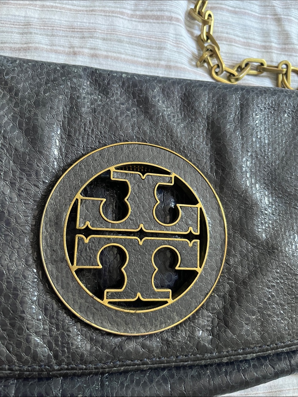 Tory Burch Black Leather Shoulder Bag with Gold Logo Chain with dust cover bag
